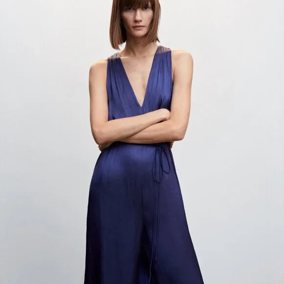 NWOT Mango Satin cross-back jumpsuit blue Size Small - Picture 2 of 10